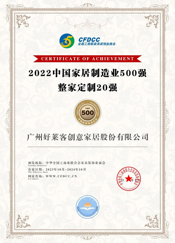 實(shí)力鑄就典范 | 好萊客榮登“中國(guó)家居制造業(yè)500強(qiáng)、整家定制20強(qiáng)”！