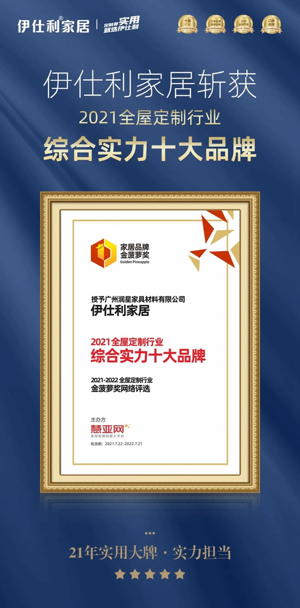 伊仕利家居實力斬獲“2021全屋定制綜合實力十大品牌”大獎！