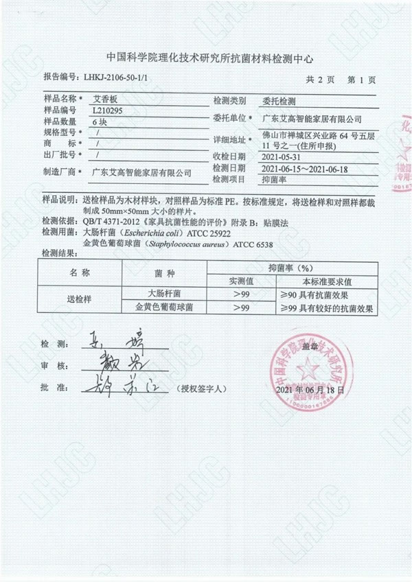艾高家居 | 2021年艾香板抗菌檢測報告